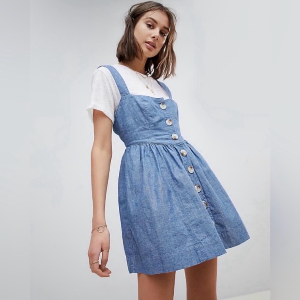 Free People Women's Mini Dress Blue Chambray Sz Small‎ Coquette Clean Girl